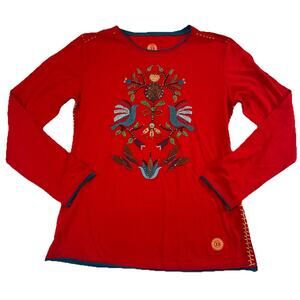 Double D Ranch Top Size M Red Birds Embroidered Contrast Stitching Long Sleeve